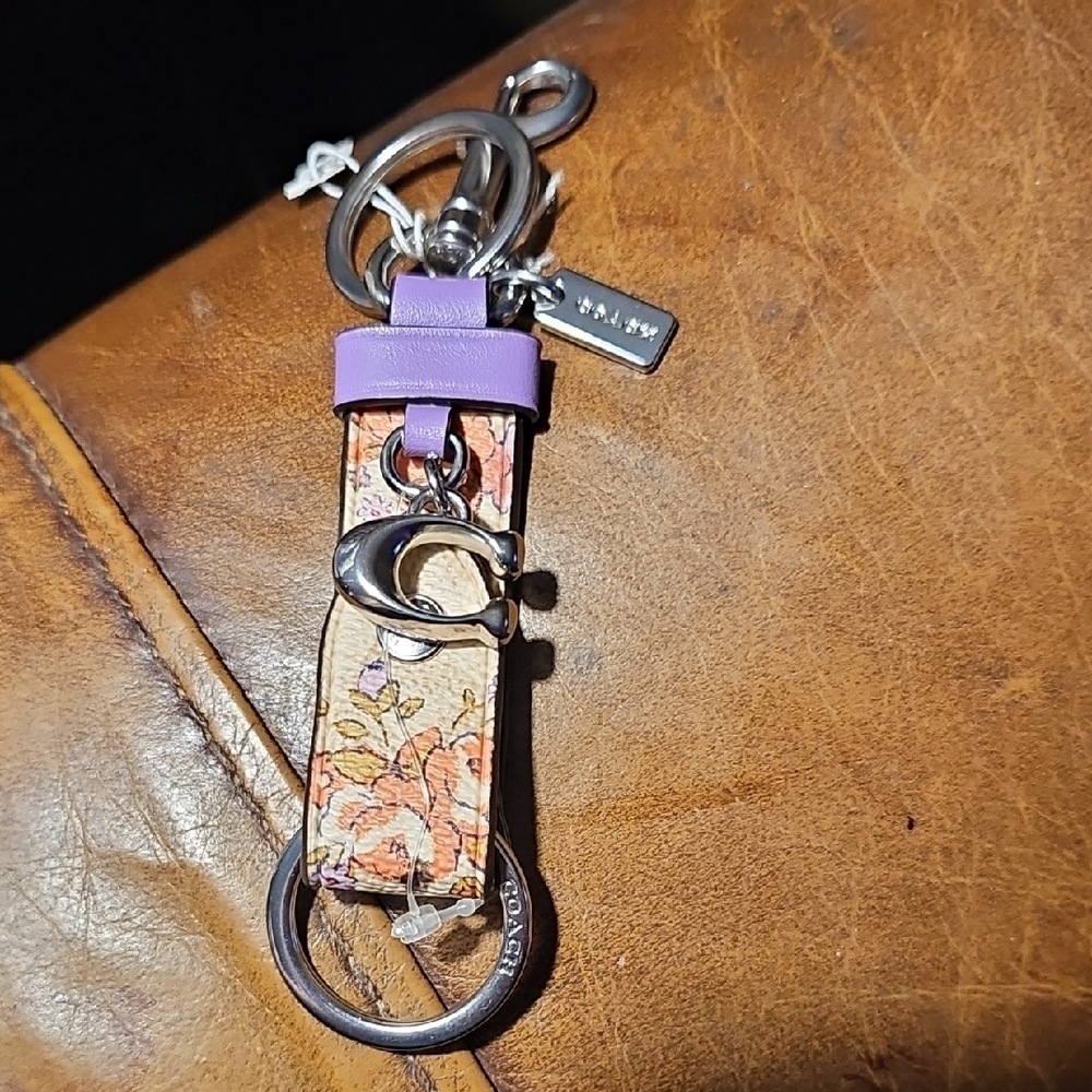 Coach Floral Leather Key & Card Holder Strap in Purple and Peach Floral